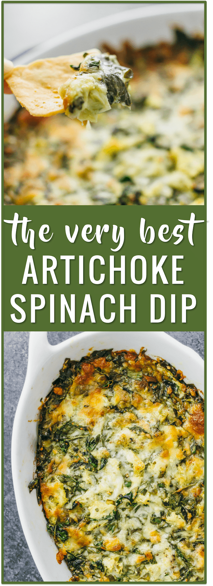 This is the best hot artichoke spinach dip that I've ever had -- it has artichoke hearts, fresh spinach, mozzarella cheese, and garlic, baked together in the oven until golden brown. baked artichoke dip, healthy, cheesy, cream cheese, no mayo, without mayo, crockpot, easy, vegan, applebees, cold, bread