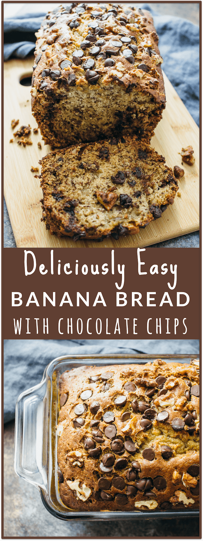 Banana bread with chocolate chips and walnuts - Here’s an easy and healthy recipe for banana bread with chocolate chips and walnuts! This banana bread is wonderfully moist on the inside and has a nice crunchy golden crust on the outside. - savorytooth.com