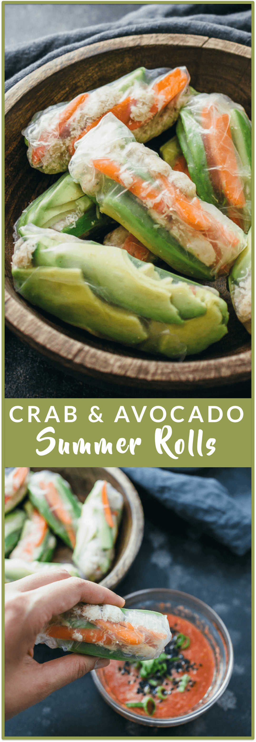 Crab and avocado summer rolls - Bite into these crab and avocado summer rolls! This Vietnamese and Thai inspired recipe has crab meat, sliced avocado, cucumber, and carrots wrapped together in a summer roll with a spicy red dipping sauce. It’s an easy and healthy dish for when you are looking for something lighter to eat. - savorytooth.com