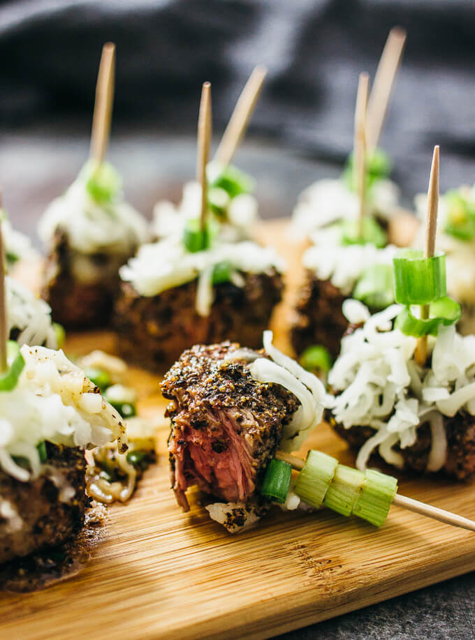 Peppered steak bites with cheese and scallions savory tooth