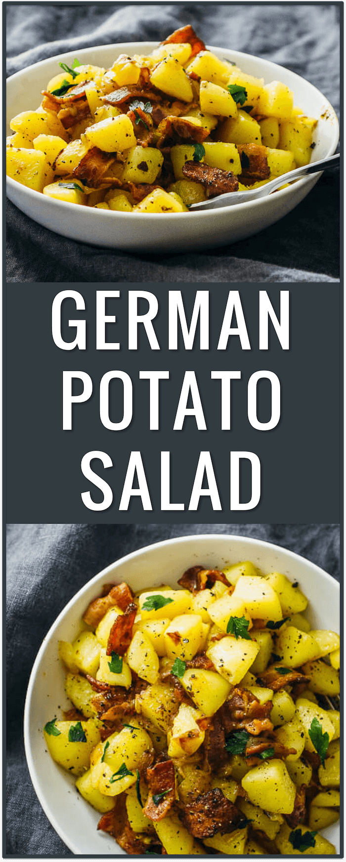 German potato salad with bacon - German potato salad is served warm and not cold, and includes crispy bacon and vinegar. It’s an easy and authentic recipe that originates from southern Germany.
