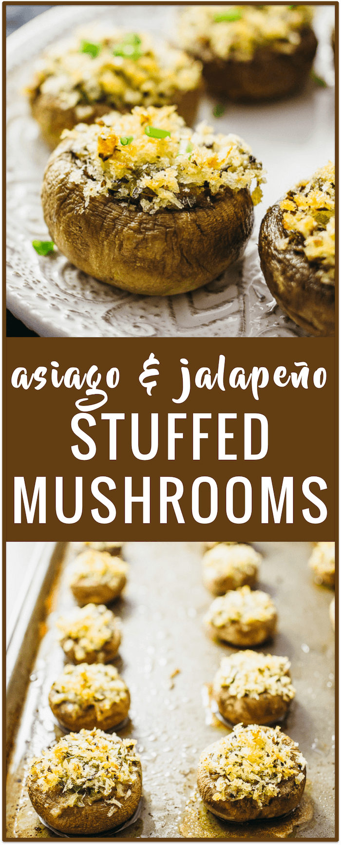 Asiago and jalapeño stuffed mushrooms recipe: Make these easy stuffed mushrooms with asiago cheese, bread crumbs, oregano, and diced jalapeños. No cream cheese needed.
