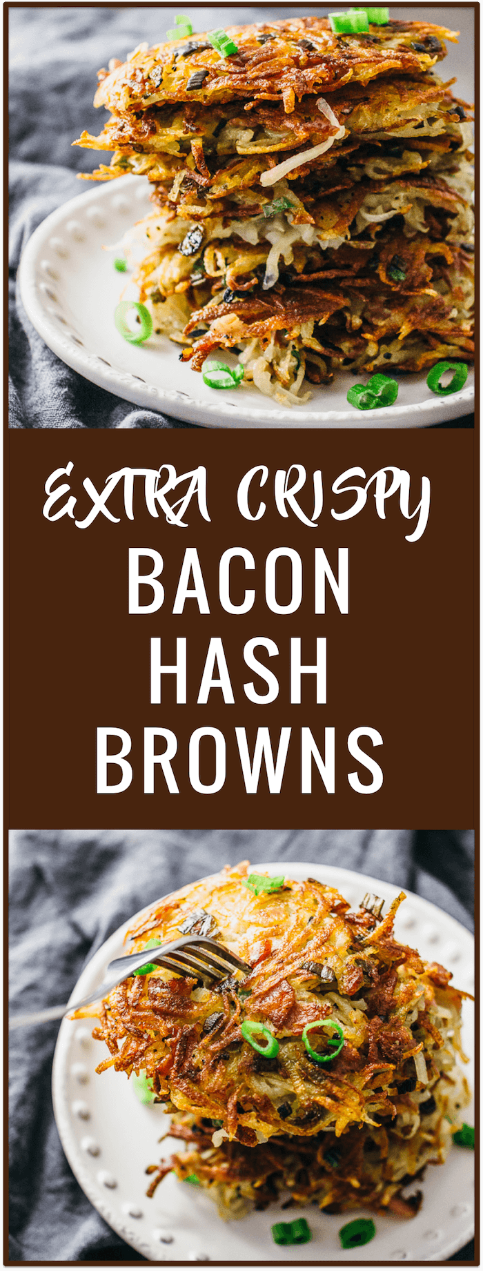 Bacon hash brown stacks recipe: These hash browns are packed with bacon and scallions, and pan-fried with butter until extra crispy. It's an easy recipe with just a few main ingredients and perfect for breakfast or brunch.