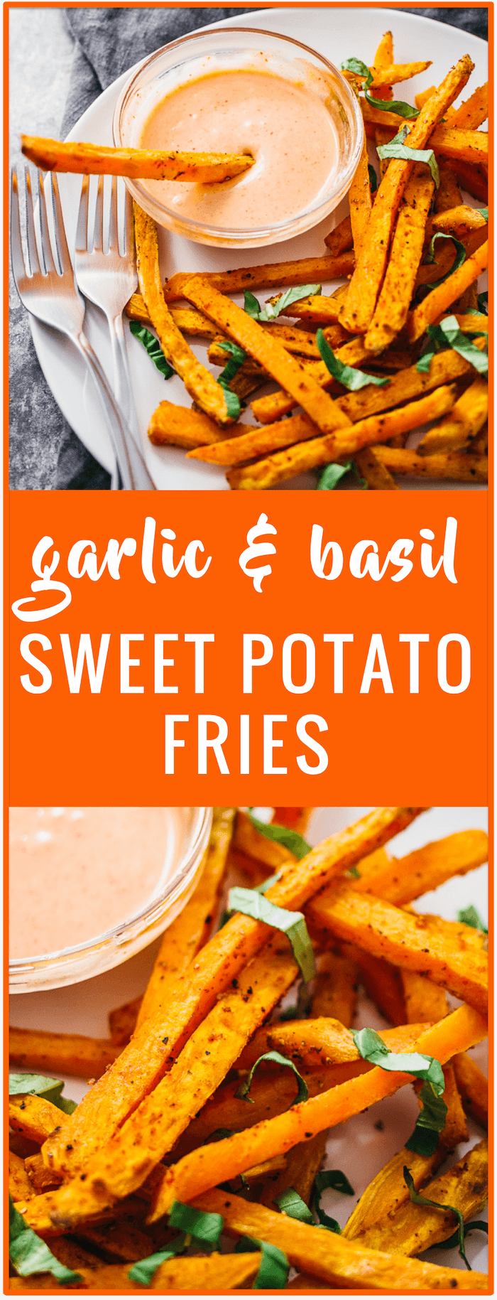 Garlic and basil sweet potato fries recipe - These healthy sweet potato fries are seasoned with garlic and basil, and baked in the oven until crispy. They are served with a spicy sriracha mayo dipping sauce.