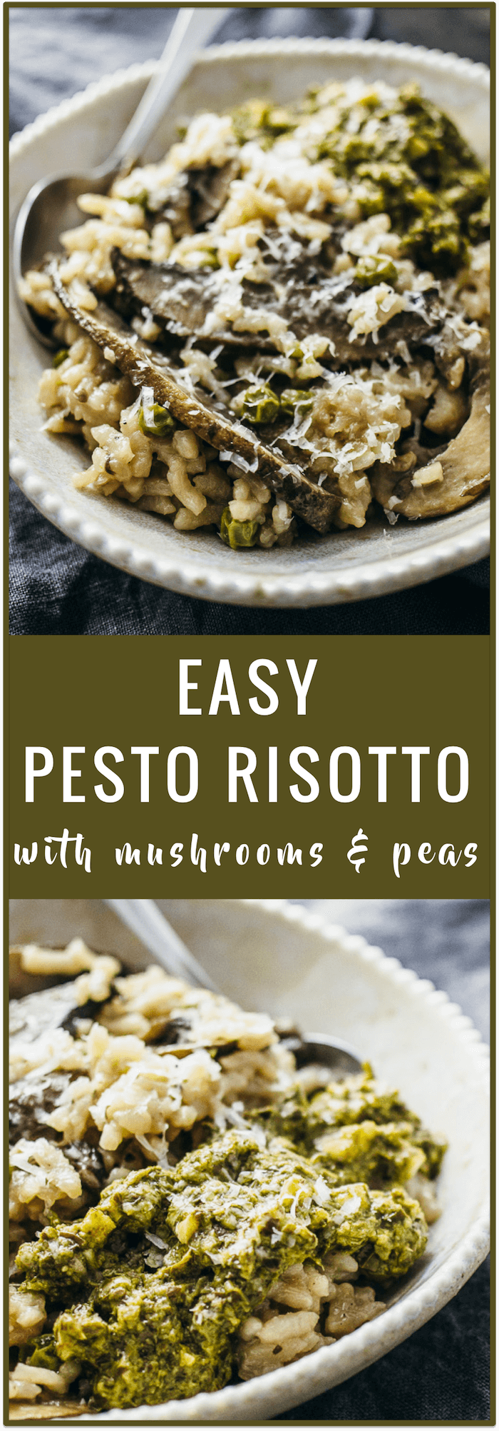 Pesto risotto with portobello mushrooms and peas - Here's an easy vegetarian recipe for creamy pesto risotto with portobello mushrooms and green peas, topped with finely grated asiago cheese.