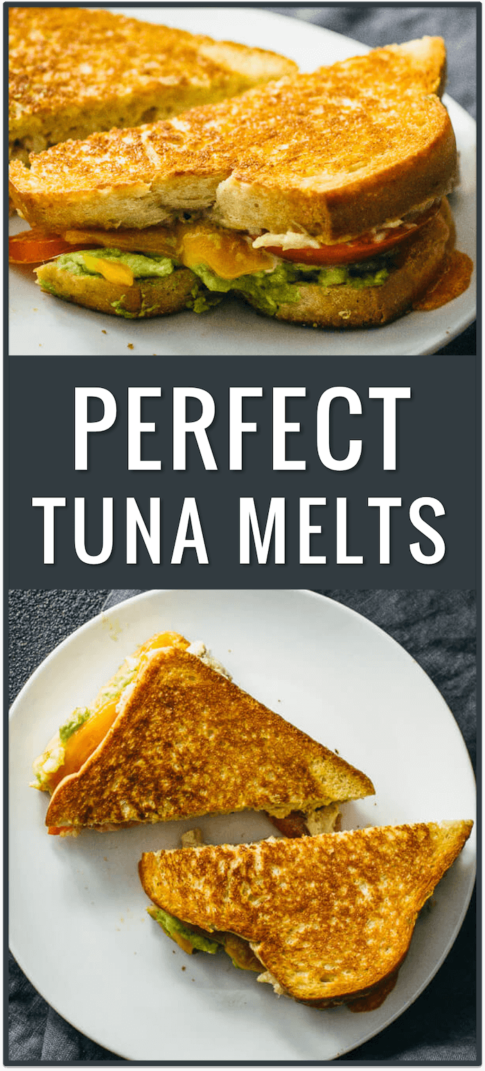 Try this tuna melt sandwich recipe with cheddar cheese, tuna, tomato, and mashed avocados. The bread is buttered and toasted on a skillet to achieve a very crispy and golden-brown exterior.