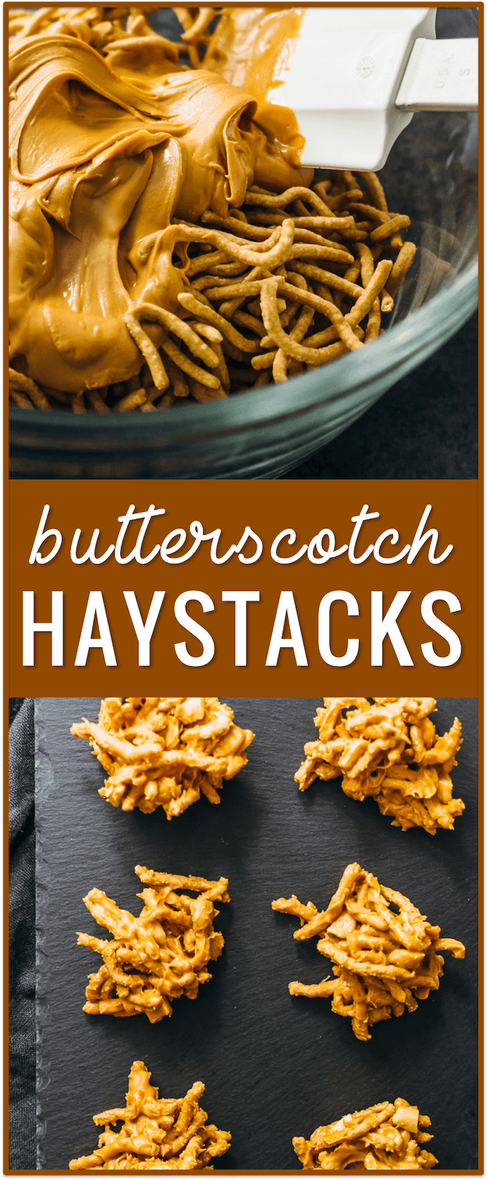 butterscotch haystacks with chow mein noodles, recipe, easy, dessert, marshmallows, peanut butter, christmas, pretzels, chocolate, no nuts, toll house, cookies