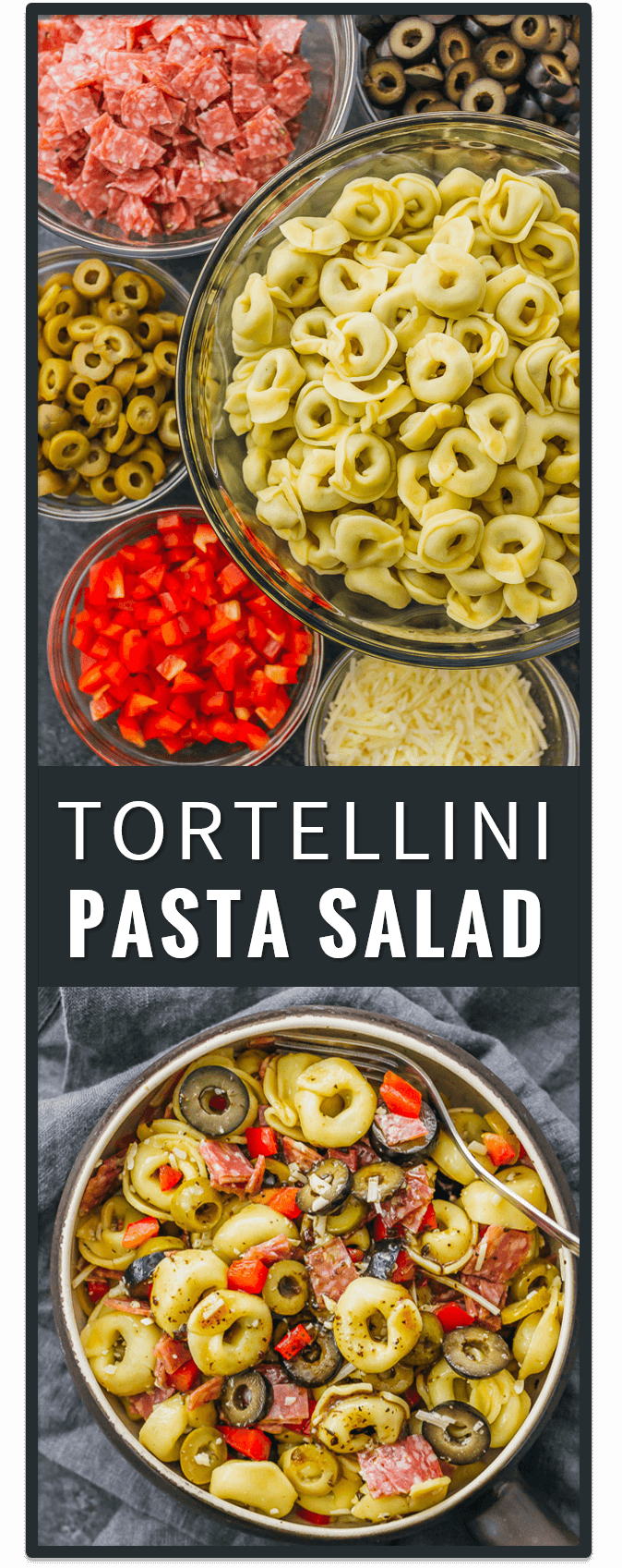 This tortellini pasta salad with Italian dressing is a quick and easy recipe, and deliciously packed with mixed olives, salami, and cheese. healthy, simple, greek, ranch, creamy, cold, spinach, pesto.