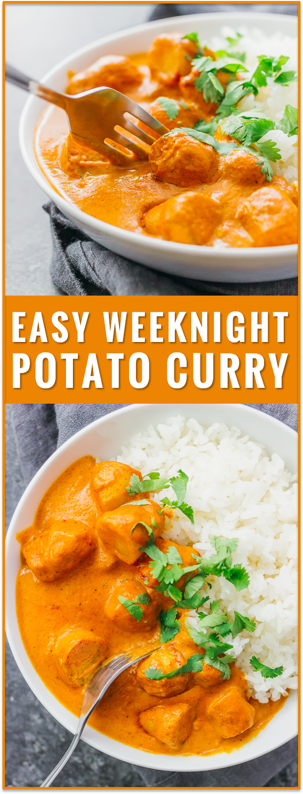 This easy vegetarian potato curry has a delicious orange sauce similar to an Indian tikka masala sauce. vegetarian chicken tikka masala recipe, dinner, fast, easy, recipe, dum aloo, vegan, indian, meals, sweet, chickpea, lentil, soup, thai, coconut