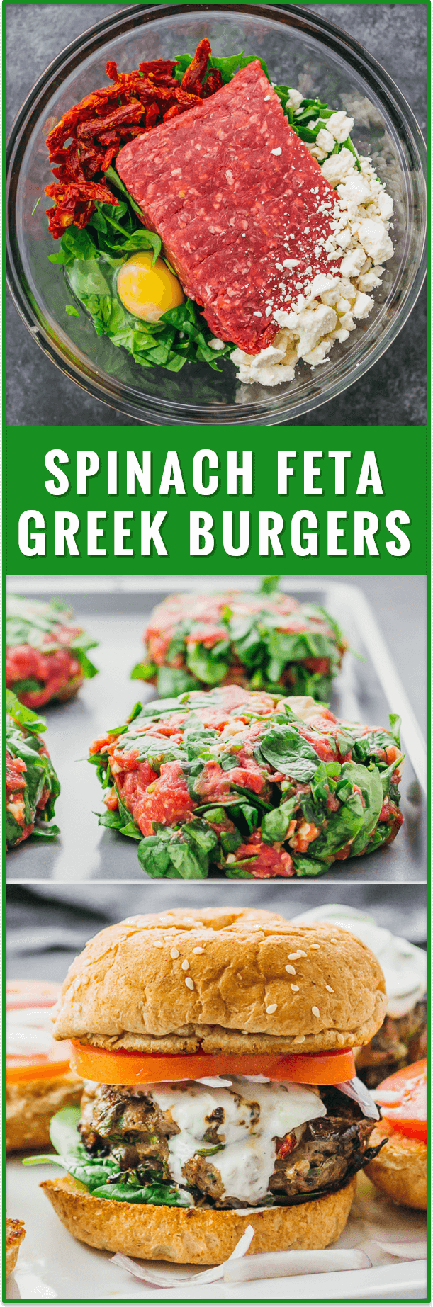 These healthy Greek burgers are made using ground beef mixed with spinach, feta, and sun-dried tomatoes, plus drizzled with a delicious tzatziki sauce. easy, recipe, turkey, garlic, lamb, chicken, 21 day fix, sides, sauce, seasoning, toppings, mediterranean, dinner, lunch, grilling, summer