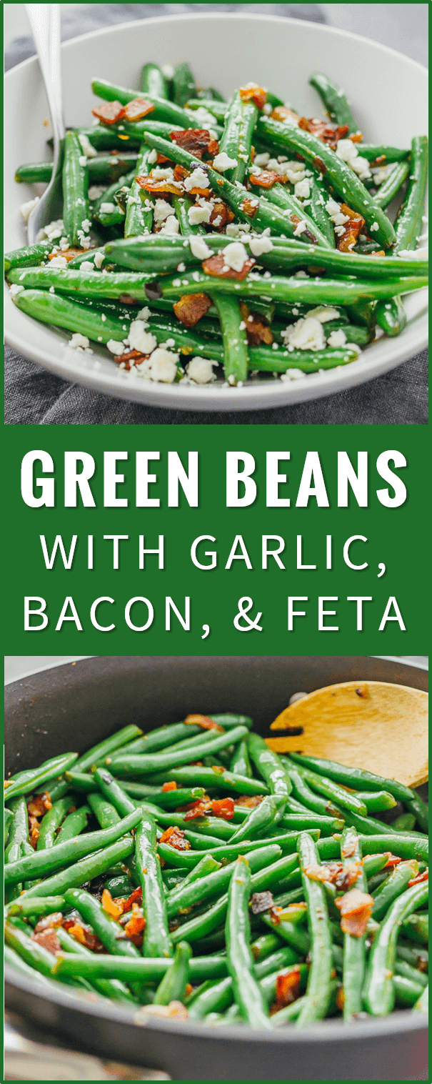 Learn how to cook garlic green beans sauteed with crispy diced bacon and crumbled feta cheese. chinese green beans recipe, steamed, spicy, saute, southern, boiled, bacon, oven, casserole, roasted, soup, fresh, recipes, crockpot, healthy