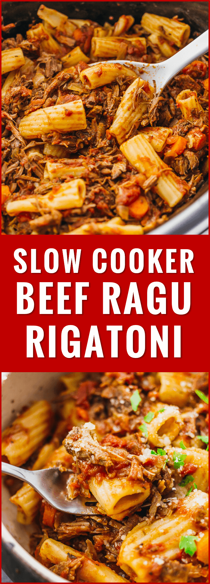 Here's a recipe that really makes the slow cooker shine: deliciously tender shredded beef ragu sauce paired with rigatoni pasta. ragu, bolognese, cheese, italian, crockpot, meat, traditional, copycat, homemade, easy, tusscan, classic, healthy, tomato, authentic, quick, italiano, jamie oliver, french, carne, parmesan, creamy, tasty, best, restaurant, dinners, one pot, meals, noodles, cooking