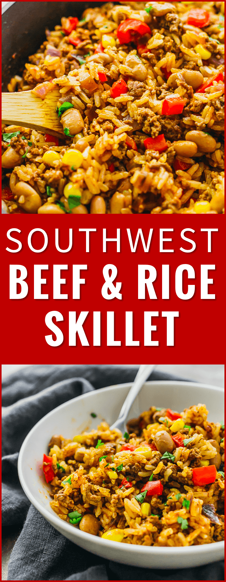 Southwest beef and rice skillet - This tasty Southwest skillet has ground beef, rice, peppers, onions, pinto beans, corn, and a dash of cayenne -- all cooked together in one pan. recipe, recipes, cooking, stir fry, mexican, easy, healthy, bowl, tex mex, dinner, one pot, dishes, crisp, meat, tomatoes, pf changs, lunches, red beans, ovens, quick meals, cups, house