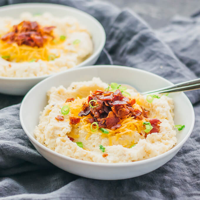 Mashed cauliflower loaded with bacon and cheddar cheese savory tooth
