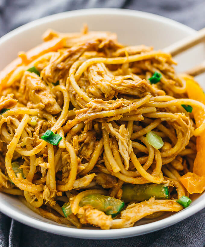 close up view of peanut noodles