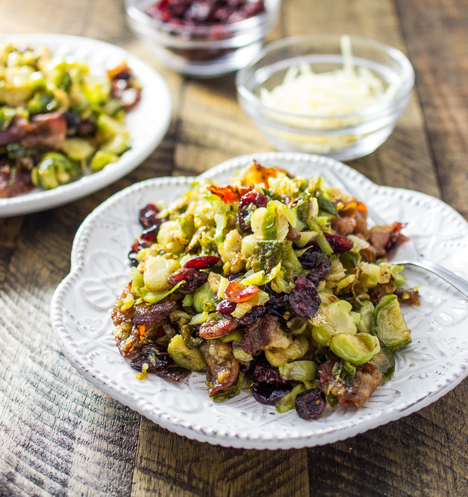Pan fried brussels sprouts with bacon and cranberries
