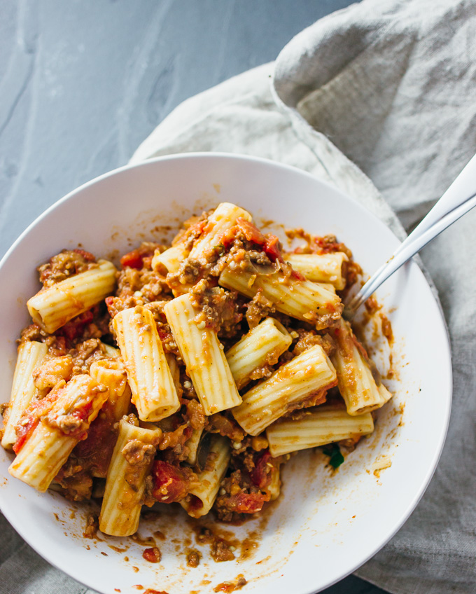 Simple hearty rigatoni bolognese with eggplant