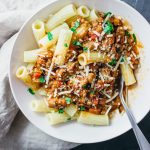 Simple hearty rigatoni bolognese with eggplant