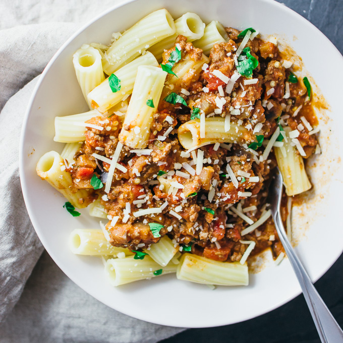 Simple hearty rigatoni bolognese with eggplant Savory Tooth