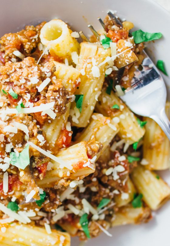Simple hearty rigatoni bolognese with eggplant Savory Tooth