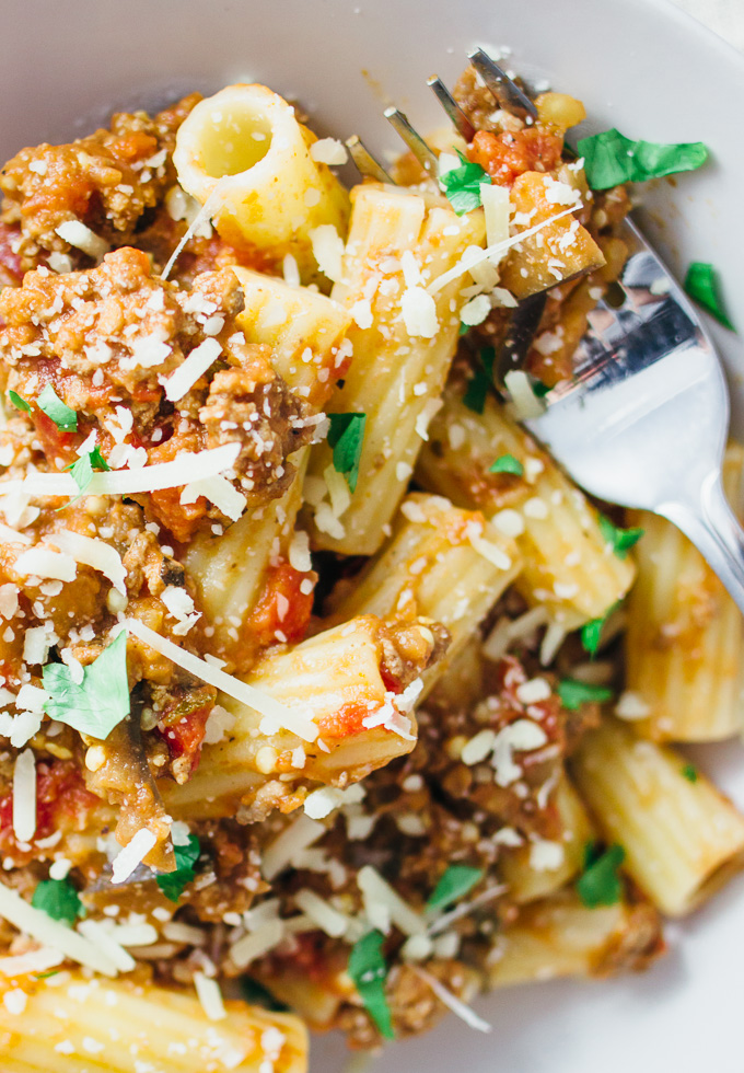 Simple hearty rigatoni bolognese with eggplant