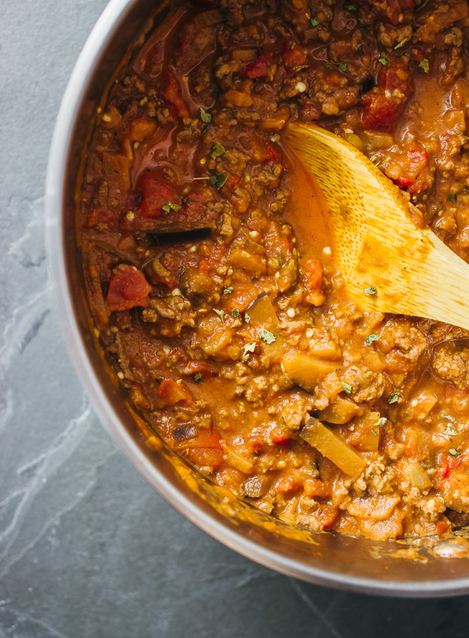 Simple hearty rigatoni bolognese with eggplant - Savory Tooth