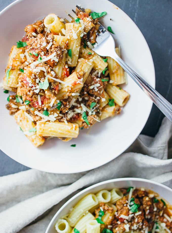 Simple hearty rigatoni bolognese with eggplant