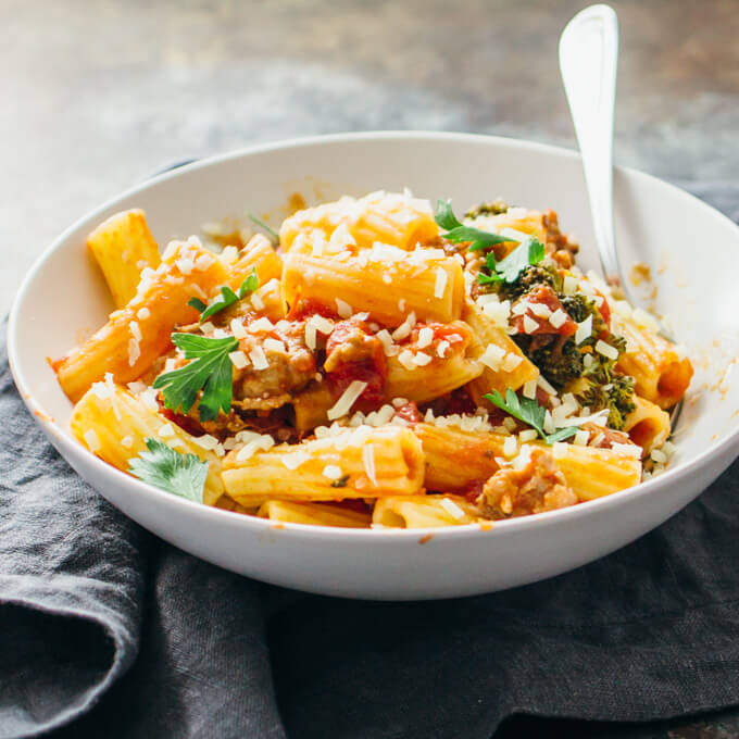 Rigatoni with sausage bolognese and broccoli