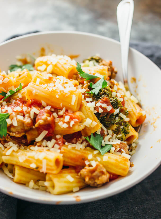 Rigatoni with sausage bolognese and broccoli