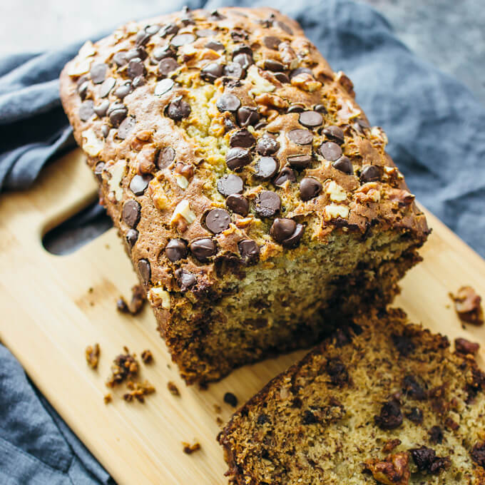 Banana bread with chocolate chips and walnuts