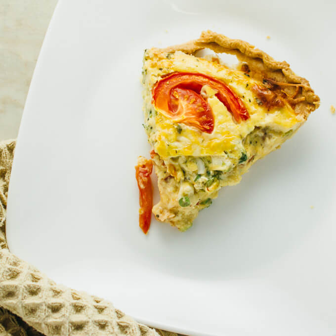 Crazy good quiche with bacon, broccoli, and tomatoes
