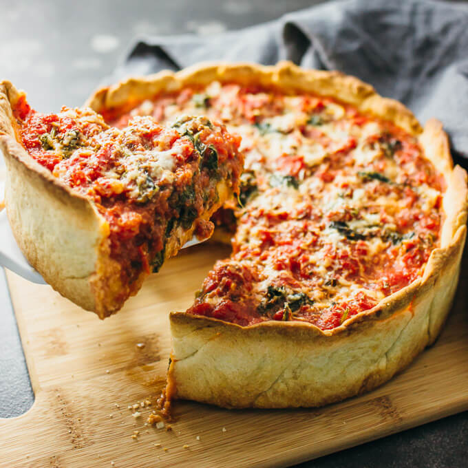 Chicago deep dish pizza with spinach