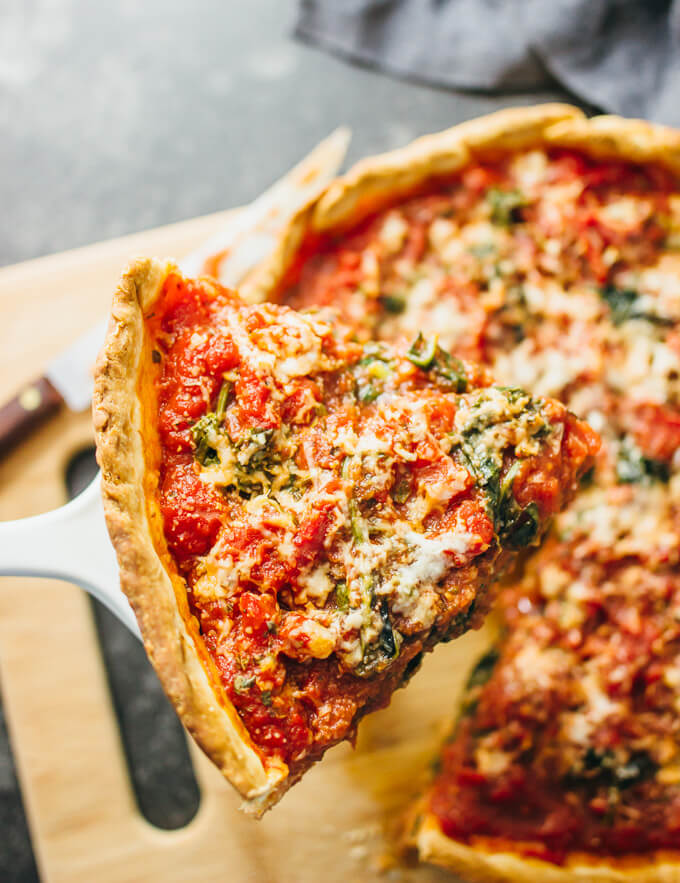 Chicago deep dish pizza with spinach