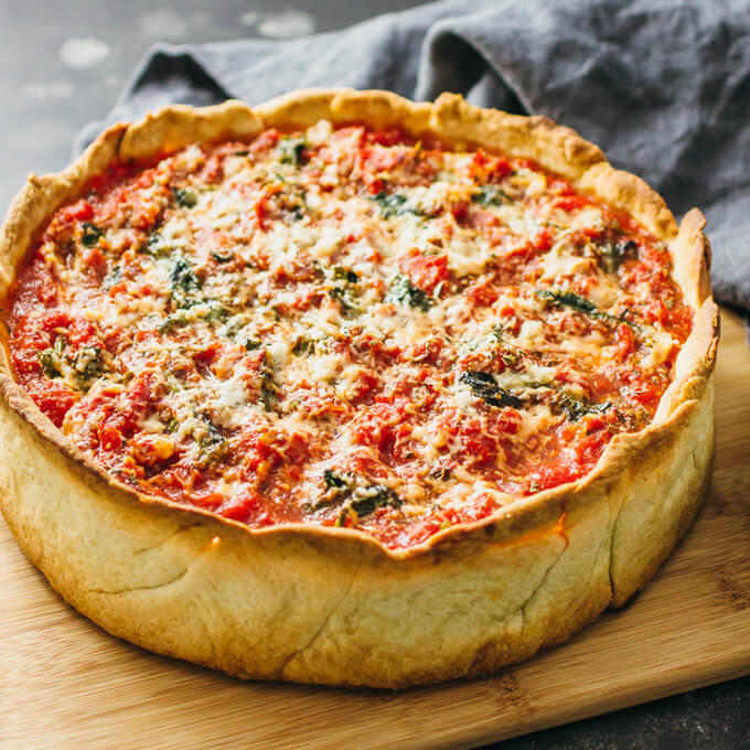 Chicago deep dish pizza with spinach