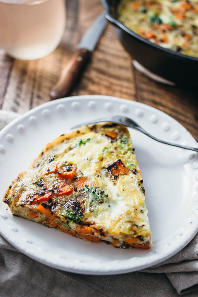 Broccoli and sweet potato frittata with thyme - I love this healthy and easy vegetable frittata â?? itâ??s a one-pan dish that starts on the stove and then finishes in the oven. This recipe works great for all kinds of vegetables, if youâ??re looking to clean out some veggies in your fridge. I used broccoli and sweet potato; other great ideas include spinach, asparagus, potato, and mushrooms. Yum ? - savorytooth.com