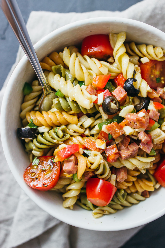 overhead view of pasta salad with italian dressing