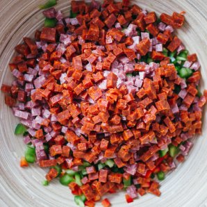 Easy pasta salad recipe ingredients including diced salami and pepperoni