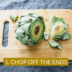 Photo shows how to trim an artichoke by chopping off its ends