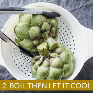 Photo shows the best way to cook artichokes by boiling and then letting it cool