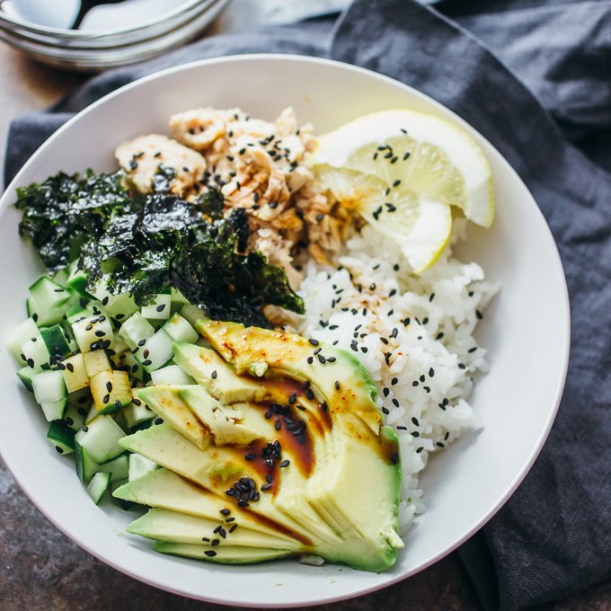 overhead view of salmon roll sushi bowl