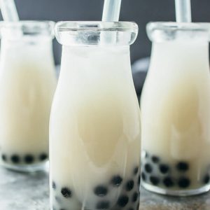 three glasses of coconut bubble tea