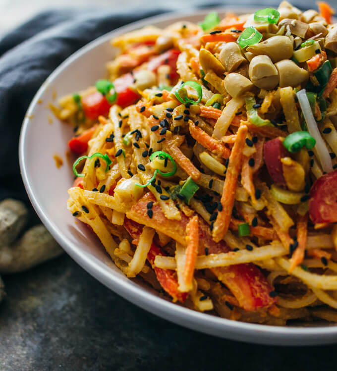 close up view of peanut noodle salad