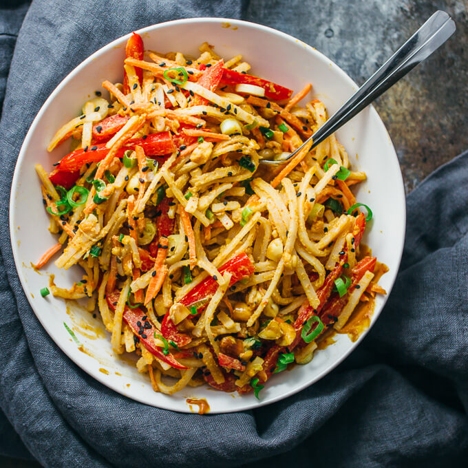 overhead view of peanut noodle salad