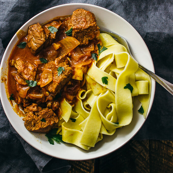 overhead view of hungarian beef goulash