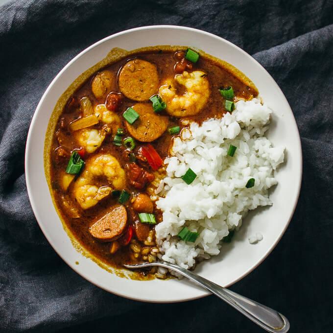 overhead view of shrimp and sausage gumbo