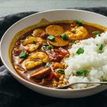 close up view of shrimp and sausage gumbo