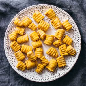 Vegan 2 ingredient sweet potato gnocchi on a white plate