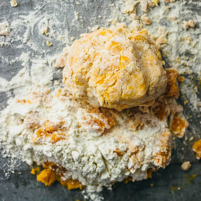 forming a dough from sweet potatoes and flour