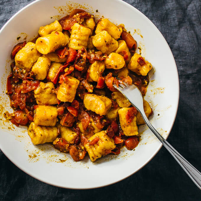 sweet potato gnocchi served with a spicy red sauce