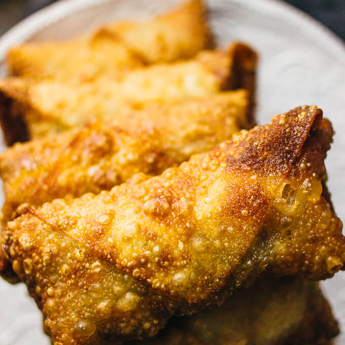 overhead view of a tall stack of vegetable egg rolls